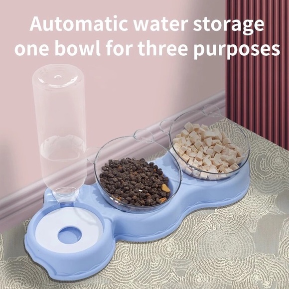 Dog cat pet food water bowl 3 in 1 set feeder automatic water bottle Bear blue - Picture 2 of 14